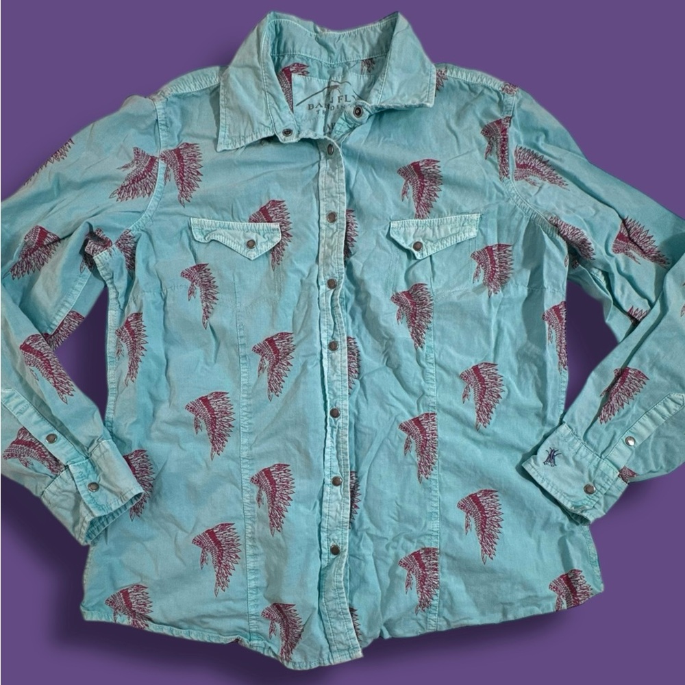 Barn Fly Trading Western Shirt Top Womens L  Turquoise Blue Rodeo Apache Chief